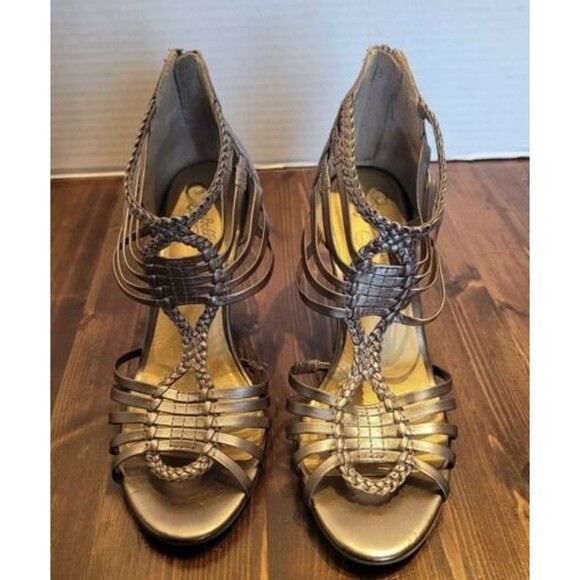 SEYCHELLES Size 7 Strappy Leather Bronze 3.75" heel zip back NWOB wedding party - Picture 3 of 8